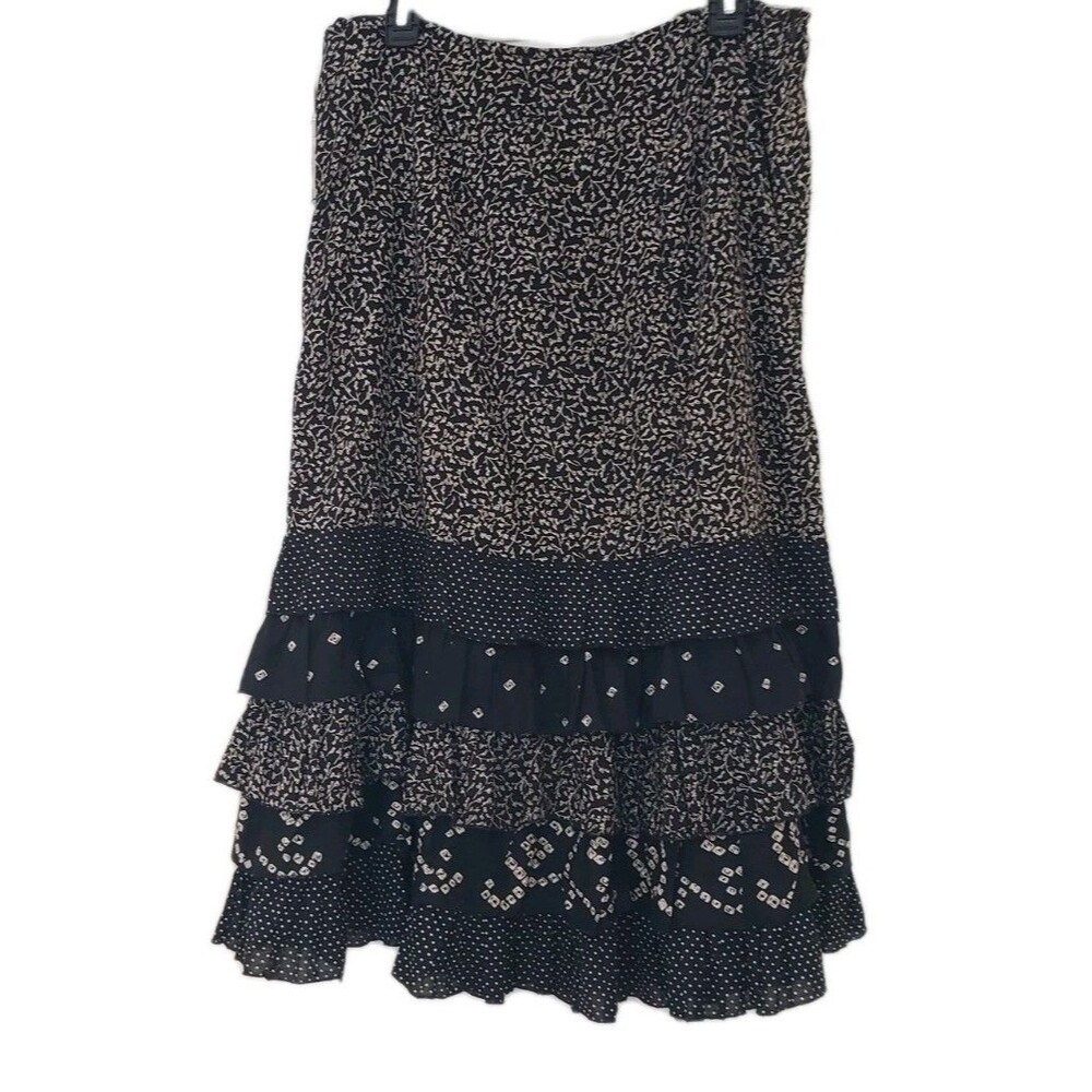 CLAUDIA RICHARD BLACK LINED BOHO STYLE RUFFLED SKIRT LARGE
